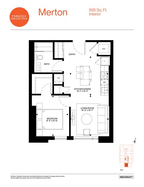 Floor plan for 1 bed, 1 bath, 555 sqft